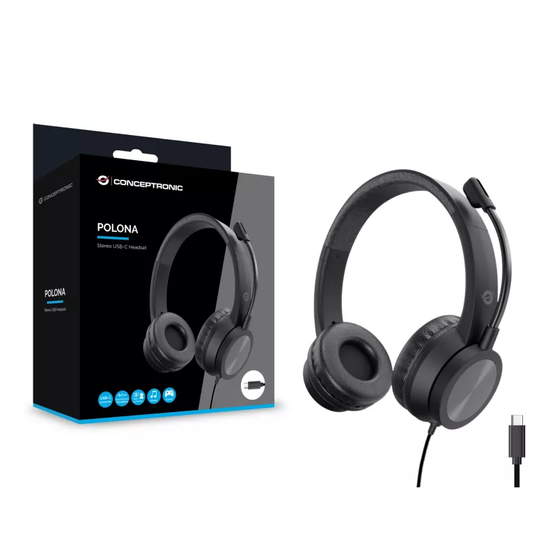 Peakomplekt CONCEPTRONIC POLONA05BC — Stereo USB-C, mürasummutava mikrofoniga, kõrvaklappidega, 2 m kaabel, 20–22000 Hz, must