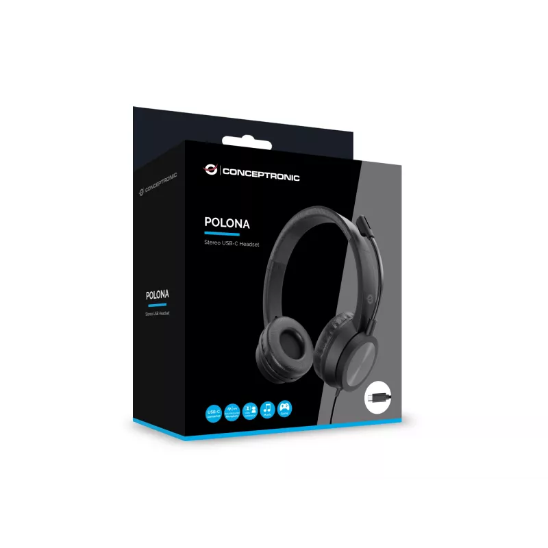 Peakomplekt CONCEPTRONIC POLONA05BC — Stereo USB-C, mürasummutava mikrofoniga, kõrvaklappidega, 2 m kaabel, 20–22000 Hz, must