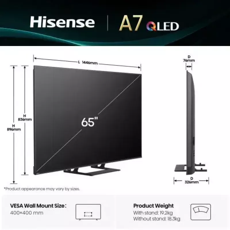Hisense A7Q 65A7Q 165,1 cm (65 tolli) 4K Ultra HD nutiteler Wi-Fi must 400 cd/m²
