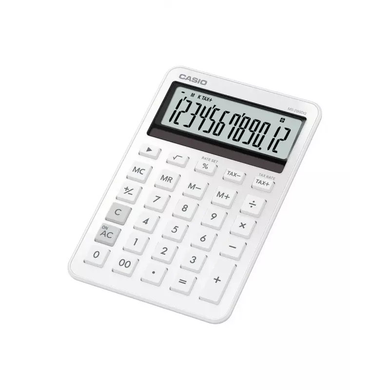 Lauakalkulaator CASIO MS-200DQ 12-kohaline, aku/päikeseenergia, maksu- ja kasumiarvutusfunktsioonid, valge