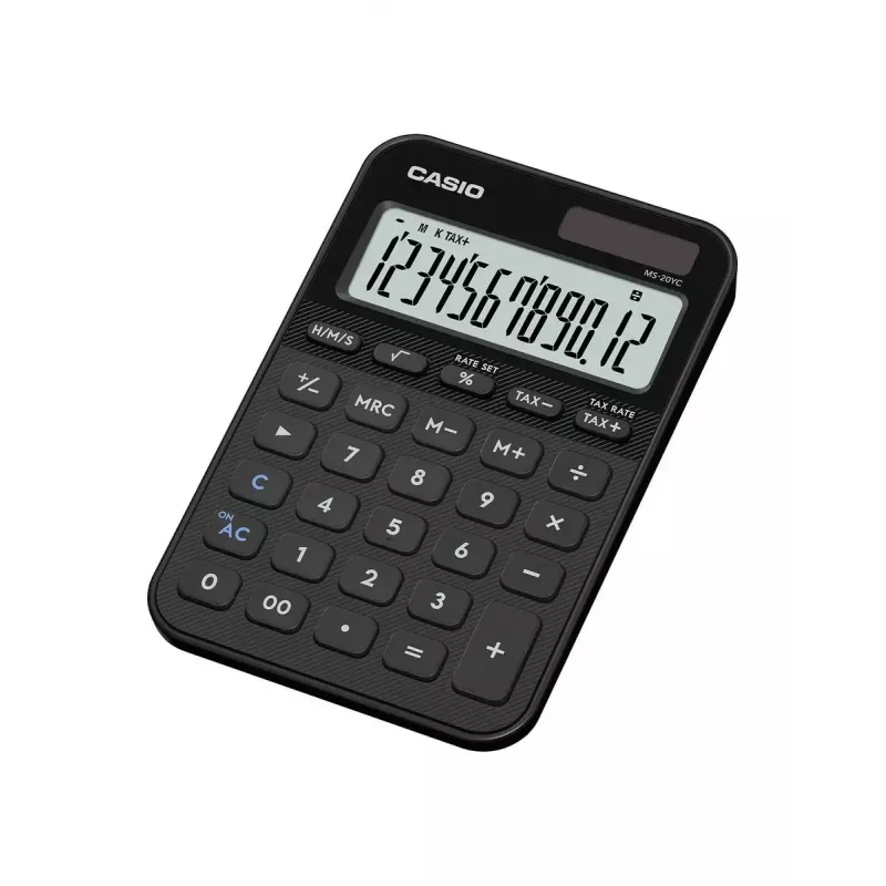 Lauakalkulaator CASIO MS-20YC — baasmudel, patarei/päikeseenergia toide, maksu- ja kasumiarvutused, must