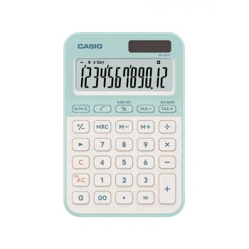 Lauakalkulaator CASIO MS-20YC — lihtne 12-kohaline, aku/päikeseenergia, maksu- ja kasumifunktsioonid, heleroheline