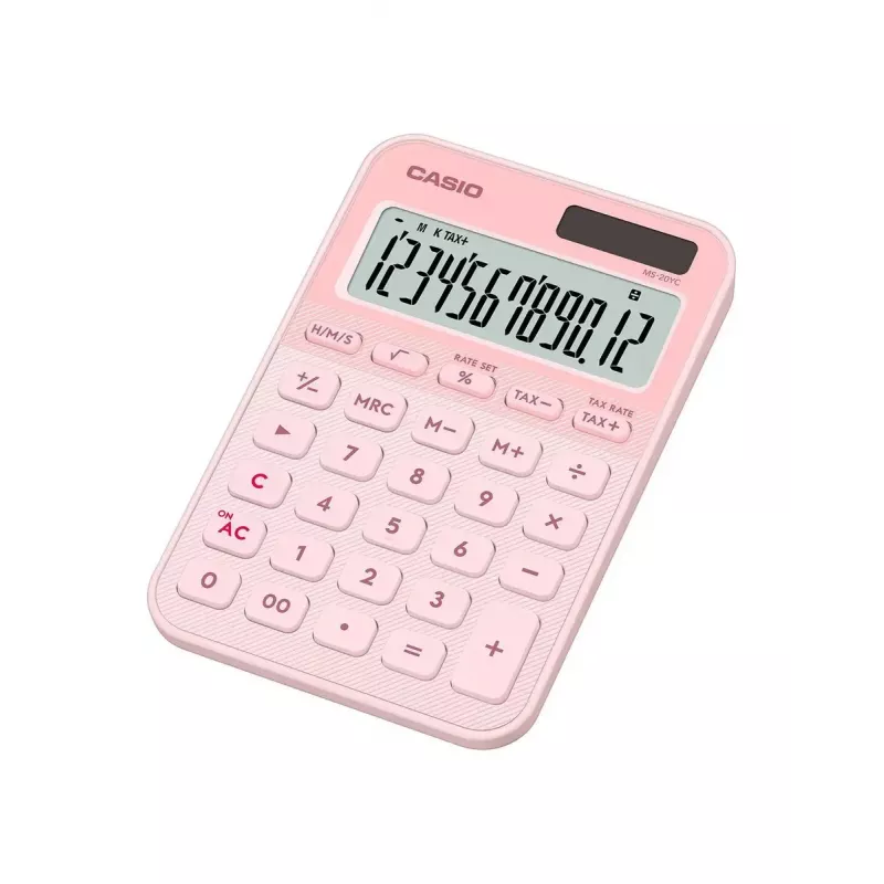 Lauakalkulaator CASIO MS-20YC — 12-kohaline, maksu- ja kasumifunktsioonid, patarei/päikeseenergia, heleroosa