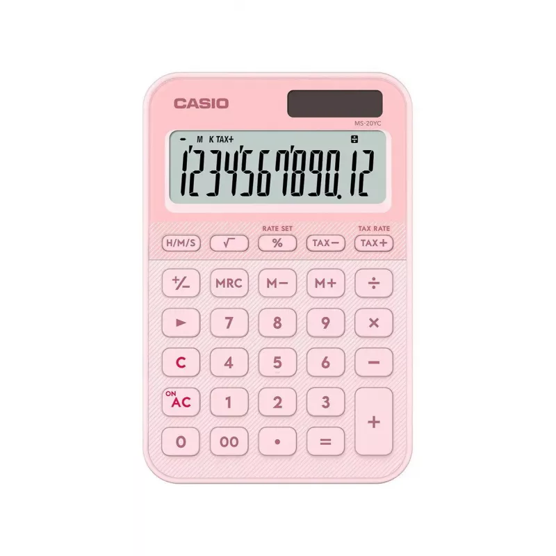 Lauakalkulaator CASIO MS-20YC — 12-kohaline, maksu- ja kasumifunktsioonid, patarei/päikeseenergia, heleroosa