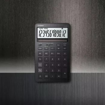 Lauakalkulaator CASIO JW-200DQ – põhiline, 12-kohaline, maksu- ja kasumifunktsioonid, aku/päikeseenergia, must