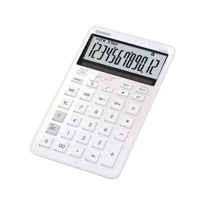 Lauakalkulaator CASIO JW-200DQ 12-kohaline tavakalkulaator, aku/päikeseenergia, maksu- ja kasumifunktsioonid, valge