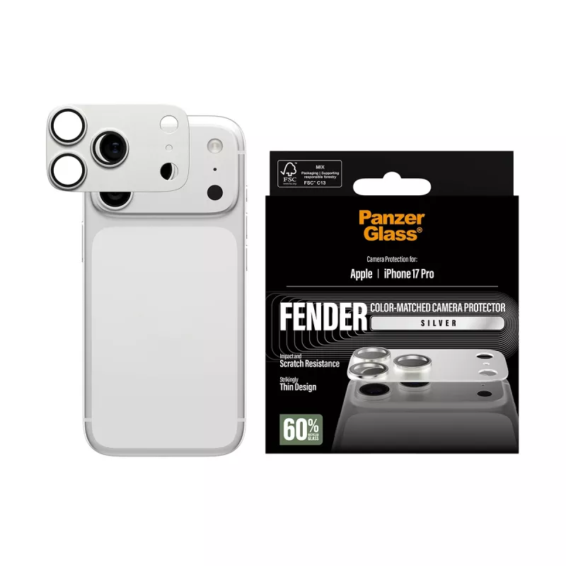 Kaamerakaitse PanzerGlass Fender iPhone 17 Pro jaoks — hõbedane, silikoon, kriimustus- ja põrutuskindel