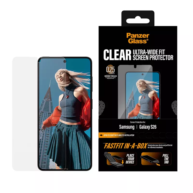 Ekraanikaitse PanzerGlass Samsung New Galaxy S 2026 jaoks — Ultra-Wide Fit, PET+silikoon, FASTFIT