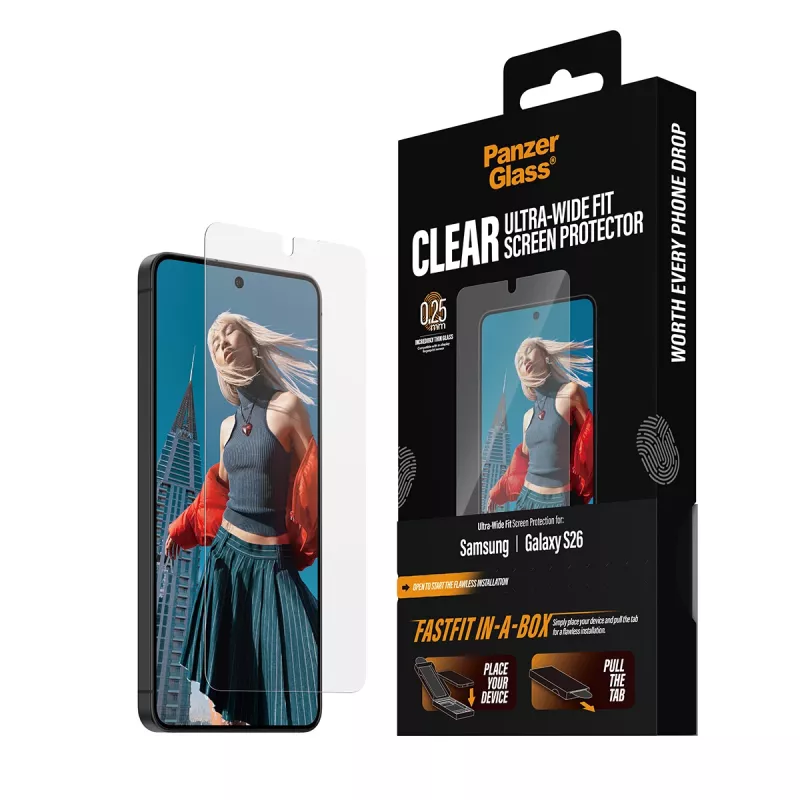 Ekraanikaitse PanzerGlass Samsung New Galaxy S 2026 jaoks — Ultra-Wide Fit, PET+silikoon, FASTFIT