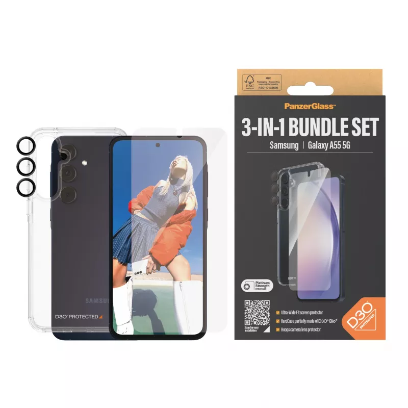Ekraanikaitsepakk PanzerGlass 3-ühes Samsung Galaxy A55 5G-le — Ultra-Wide Fit, EasyAligner, karastatud klaas/PET