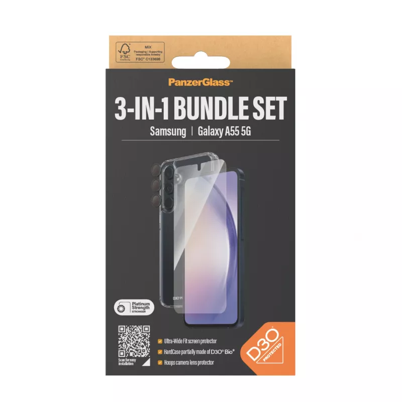 Ekraanikaitsepakk PanzerGlass 3-ühes Samsung Galaxy A55 5G-le — Ultra-Wide Fit, EasyAligner, karastatud klaas/PET