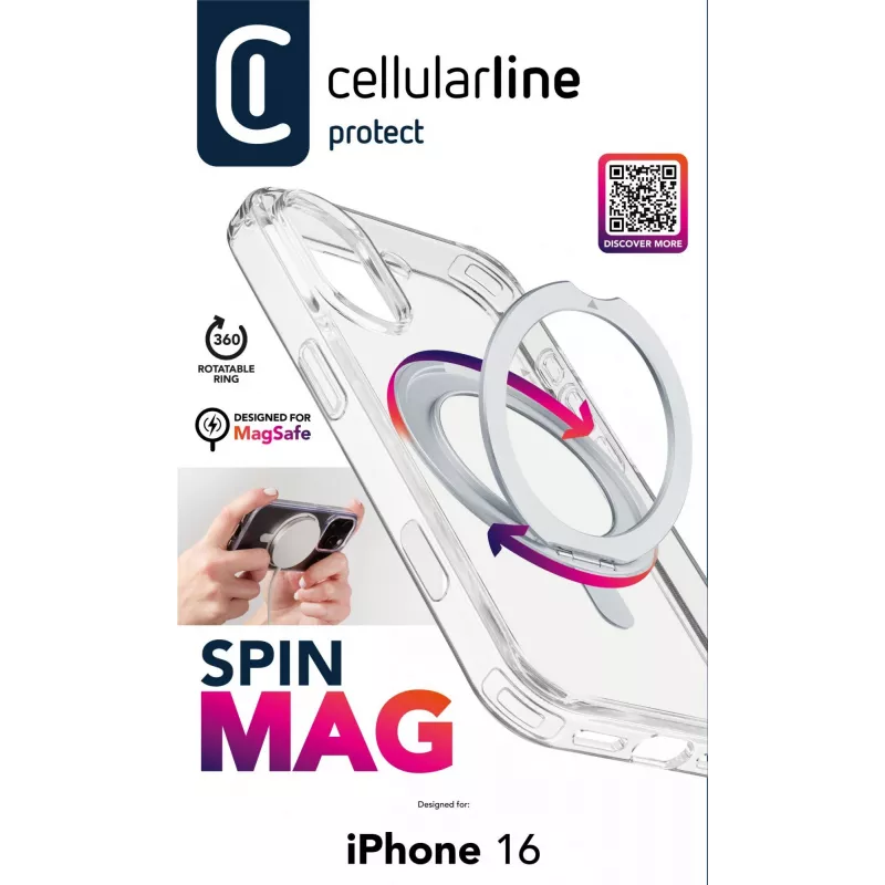 Cellularline Spin Mag - iPhone 16 ümbris pöörleva rõngahoidjaga, ühildub Magsafe ökosüsteemiga