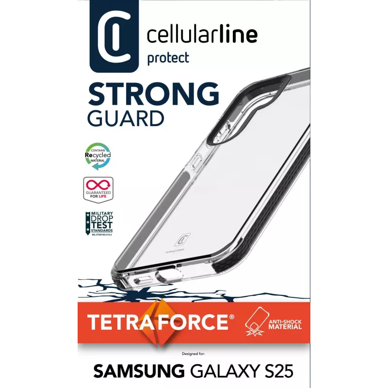 Cellularline Tetra Force Strong Guard - Galaxy S25 ülikaitsev, põrutuskindel painduv ümbris integreeritud Microban® antibakteriaalse tehnoloogiaga