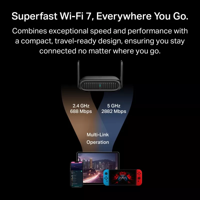 TP-Link BE3600 Wi-Fi 7 traadita ruuter 2,5 Gigabit Ethernet kahesageduslik (2,4 GHz / 5 GHz) must