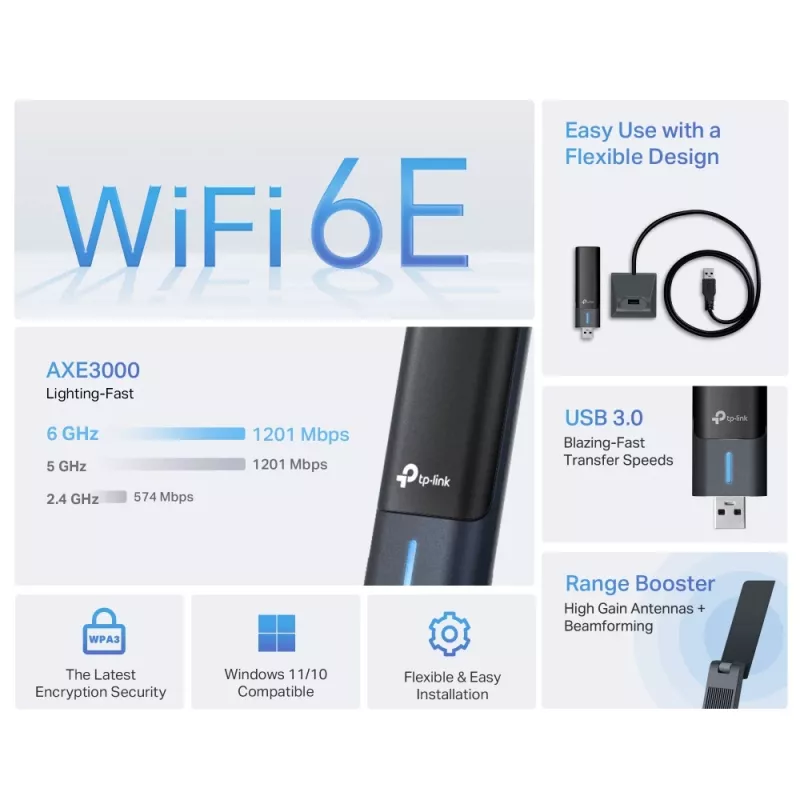 TP-Link Archer AXE3000 Wi-Fi 6E suure võimendusega juhtmevaba USB-adapter