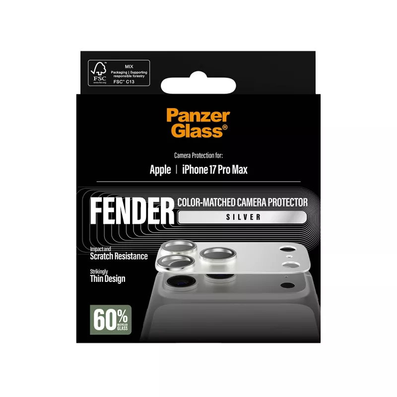 PanzerGlass Fender Camera Protector for iPhone 17 Pro Max — silikoon, hõbedane, kriimustus- ja põrutuskindel