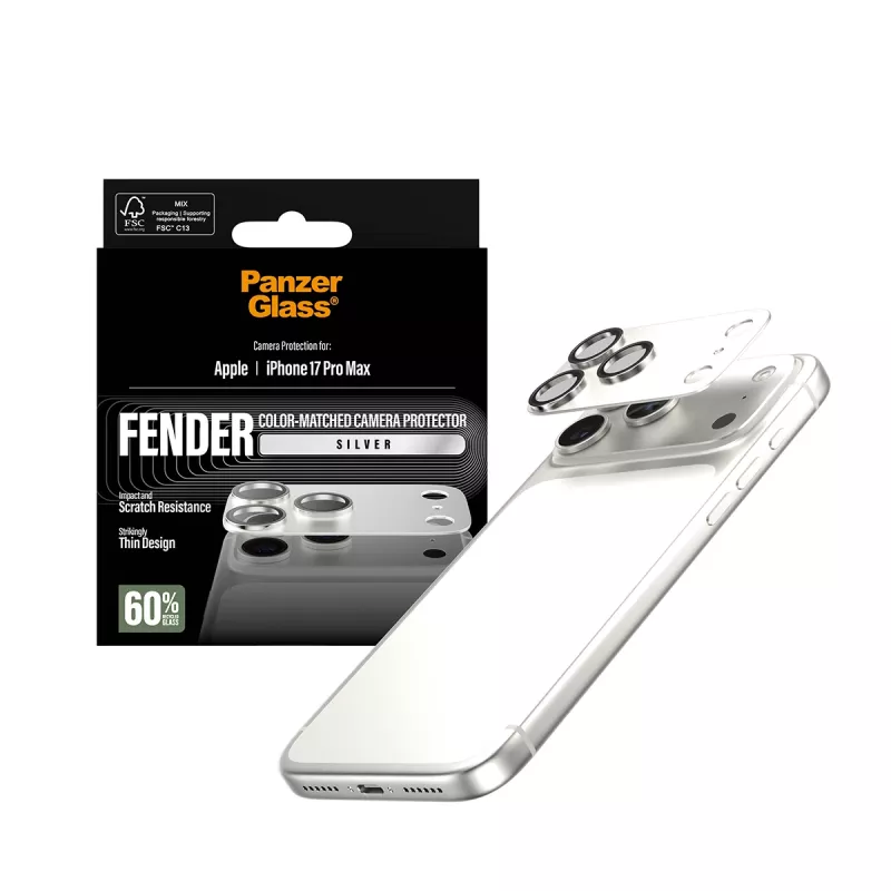 PanzerGlass Fender Camera Protector for iPhone 17 Pro Max — silikoon, hõbedane, kriimustus- ja põrutuskindel