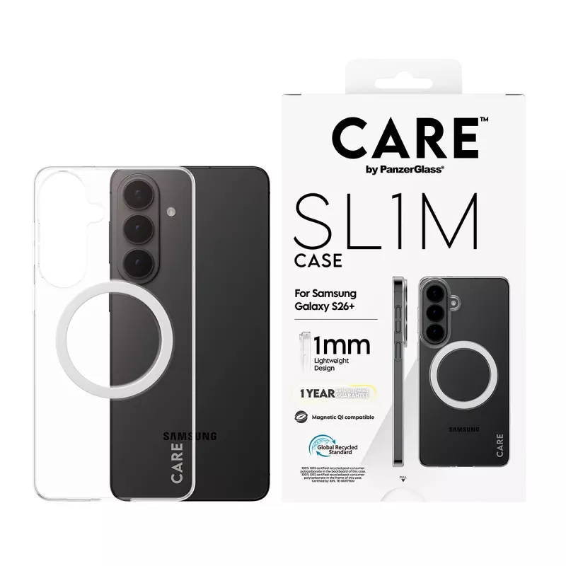 PanzerGlass CARE™ SL1M läbipaistev kaitseümbris Qi-ga Samsung Galaxy S26+ jaoks (6,7 tolli)