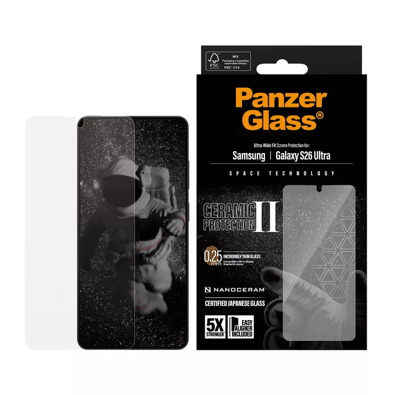 Ekraanikaitse PanzerGlass Ceramic Samsung Galaxy S26 Ultra jaoks — karastatud klaas, ülilai sobivus, EasyAligner, läbipaistev