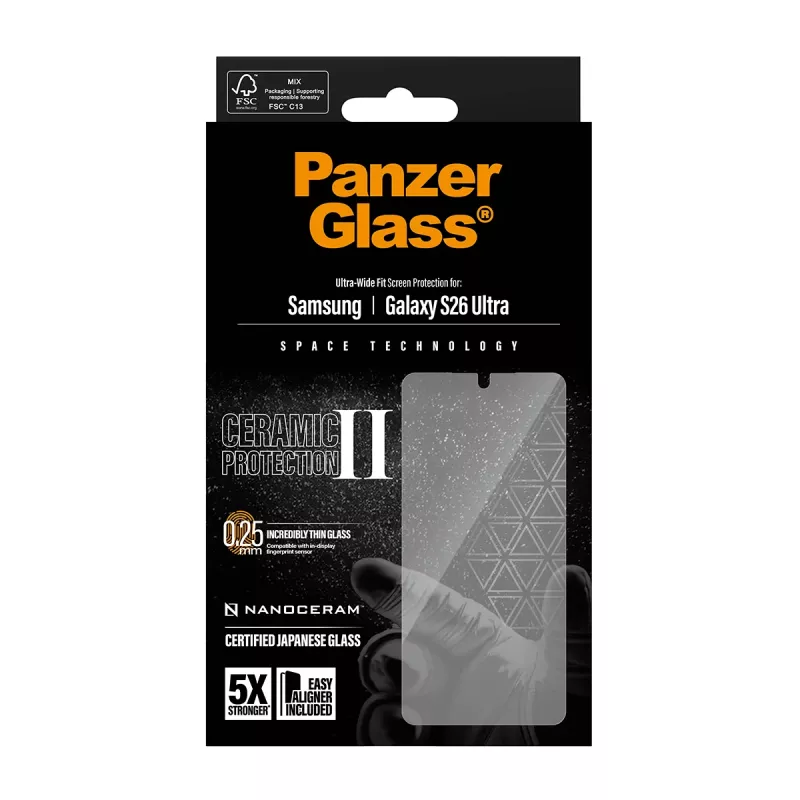 Ekraanikaitse PanzerGlass Ceramic Samsung Galaxy S26 Ultra jaoks — karastatud klaas, ülilai sobivus, EasyAligner, läbipaistev