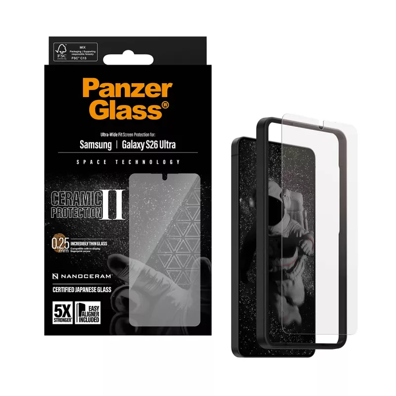 Ekraanikaitse PanzerGlass Ceramic Samsung Galaxy S26 Ultra jaoks — karastatud klaas, ülilai sobivus, EasyAligner, läbipaistev