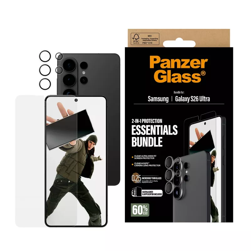 Ekraanikaitsekomplekt PanzerGlass Hoops 2-in-1 Samsung Galaxy S26 Ultra jaoks — karastatud klaas + PET, läbipaistev, ülilaita sobivus