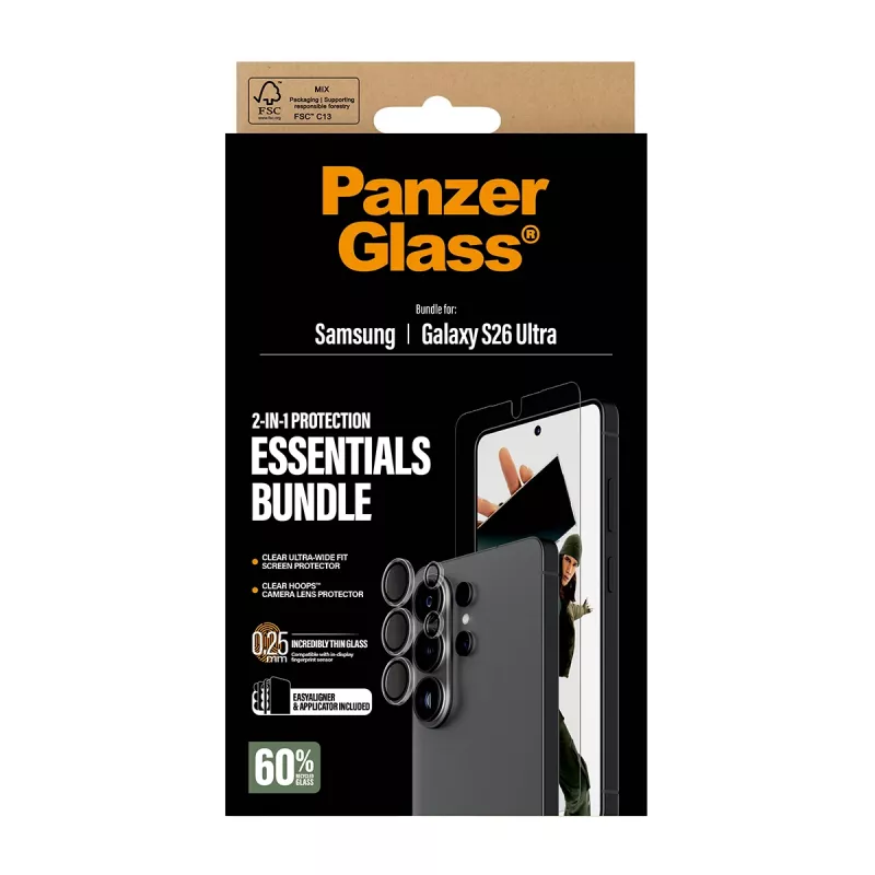 Ekraanikaitsekomplekt PanzerGlass Hoops 2-in-1 Samsung Galaxy S26 Ultra jaoks — karastatud klaas + PET, läbipaistev, ülilaita sobivus