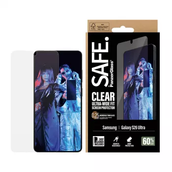 Ekraanikaitse PanzerGlass SAFE by Samsung New Galaxy S 2026 Ultra jaoks — Ultra‑Wide Fit, PET + silikoon, EasyAligner, läbipaistev