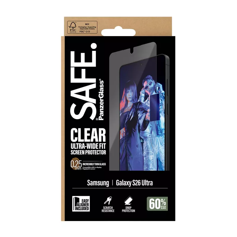 Ekraanikaitse PanzerGlass SAFE by Samsung New Galaxy S 2026 Ultra jaoks — Ultra‑Wide Fit, PET + silikoon, EasyAligner, läbipaistev