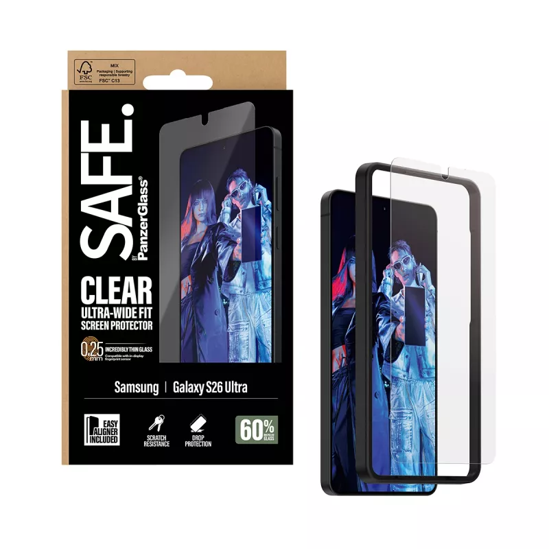 Ekraanikaitse PanzerGlass SAFE by Samsung New Galaxy S 2026 Ultra jaoks — Ultra‑Wide Fit, PET + silikoon, EasyAligner, läbipaistev