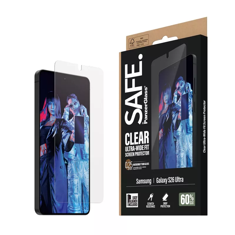 Ekraanikaitse PanzerGlass SAFE by Samsung New Galaxy S 2026 Ultra jaoks — Ultra‑Wide Fit, PET + silikoon, EasyAligner, läbipaistev