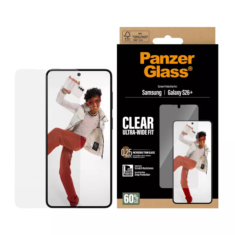 Karastatud klaasist ekraanikaitse PanzerGlass Samsung Galaxy S26+-le — U-Wide Fit koos EasyAligneriga