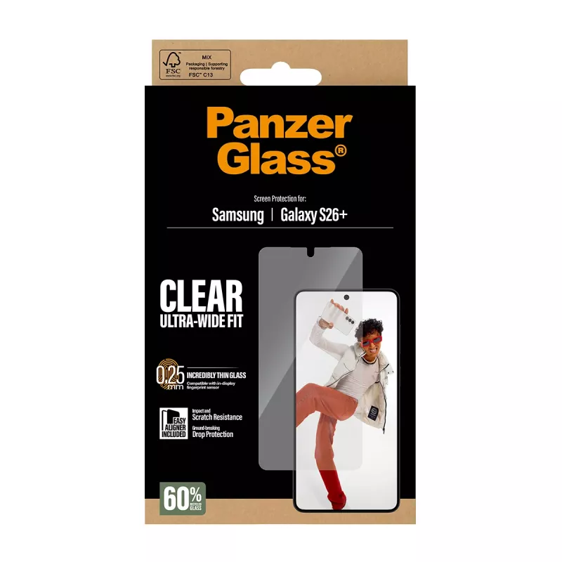 Karastatud klaasist ekraanikaitse PanzerGlass Samsung Galaxy S26+-le — U-Wide Fit koos EasyAligneriga