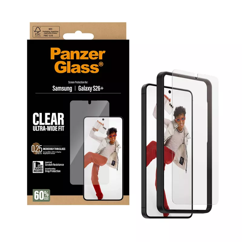 Karastatud klaasist ekraanikaitse PanzerGlass Samsung Galaxy S26+-le — U-Wide Fit koos EasyAligneriga