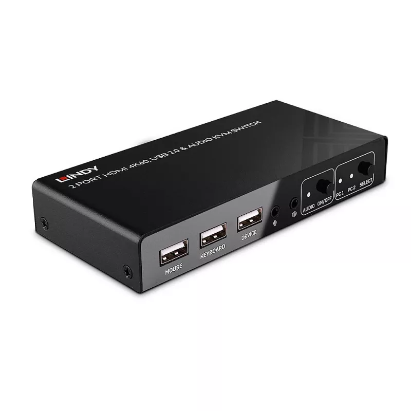 Lindy 2-pordiline HDMI 4K60, USB 2.0 ja heli KVM-lüliti, 4096 x 2160 pikslit, 4K Ultra HD, must