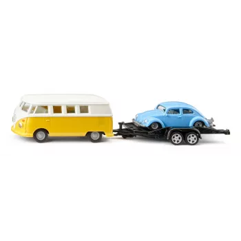 Mudelautode komplekt Siku VW T1 haagise ja VW Beetle'iga, eelkokkupandud 1:50, suurus 42×200×51 mm
