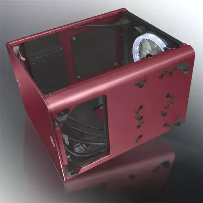 RAIJINTEK METIS PLUS minitorn arvutikorpus punane — Mini-ITX, 1x 3,5-tolline sahtel, 4x 2,5-tollist sahtlit, 120 mm ventilaatorid