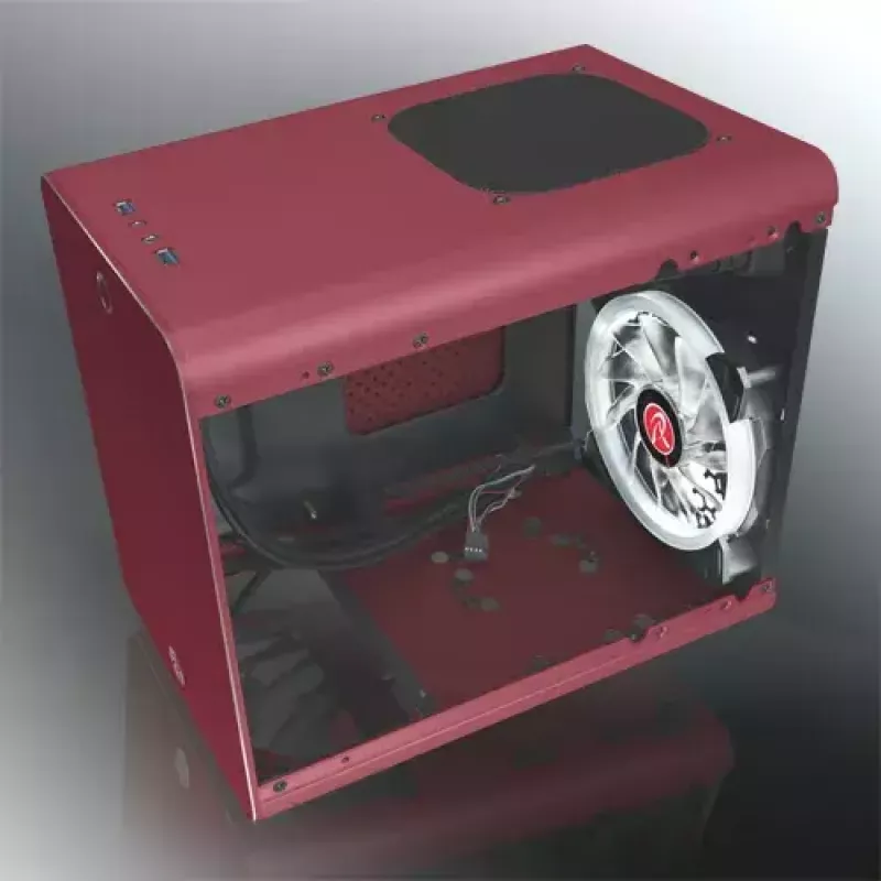 RAIJINTEK METIS PLUS minitorn arvutikorpus punane — Mini-ITX, 1x 3,5-tolline sahtel, 4x 2,5-tollist sahtlit, 120 mm ventilaatorid