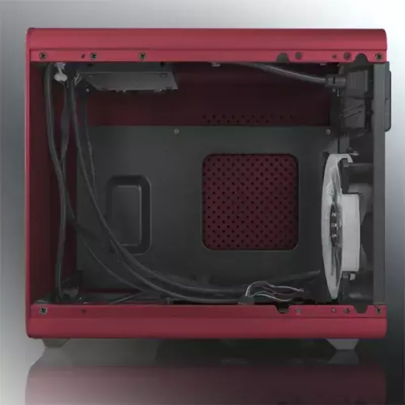 RAIJINTEK METIS PLUS minitorn arvutikorpus punane — Mini-ITX, 1x 3,5-tolline sahtel, 4x 2,5-tollist sahtlit, 120 mm ventilaatorid