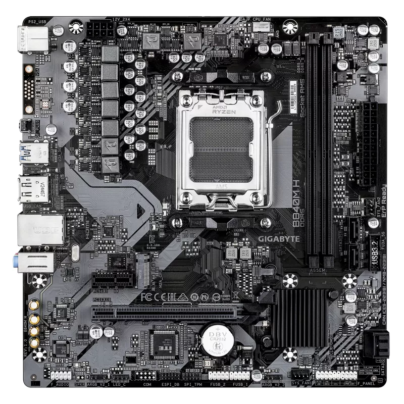 GIGABYTE B840M H emaplaat - AMD Ryzen 9000 protsessorid, 5+2+2 faasiga VRM, kuni 7200 MHz DDR5 (OC), 1x PCIe 4.0 M.2, 1 GbE LAN, USB 3.2 Gen 1
