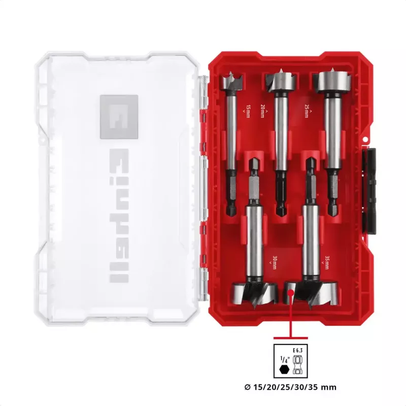 Forstneri puuritera komplekt Einhell-KWB 5 tk, punane/läbipaistev, 1/4-tolline vars, M-CASE (MPN 706003)