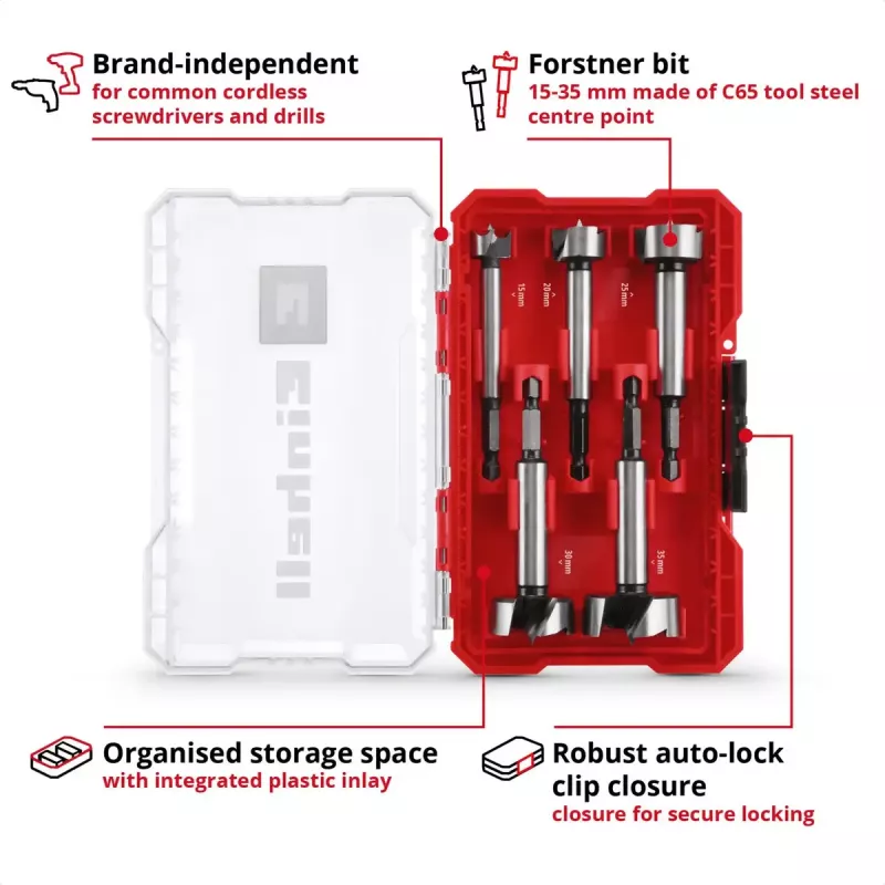 Forstneri puuritera komplekt Einhell-KWB 5 tk, punane/läbipaistev, 1/4-tolline vars, M-CASE (MPN 706003)
