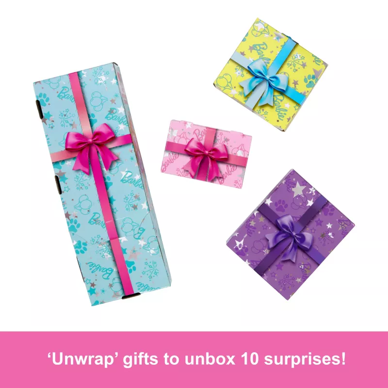 Barbie Party Unboxed Pet Birthday Series nukk ja tarvikud, Birthday Bows komplekt 10 üllatusega