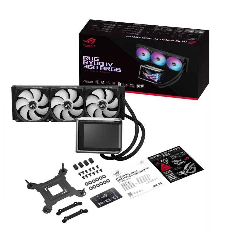 Vedelikjahutussüsteem ASUS ROG RYUO IV 360 ARGB — 360 mm radiaator, 120 mm ventilaatorid, Must