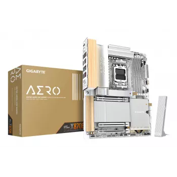 GIGABYTE X870E AERO X3D WOOD emaplaat – toetab AMD Ryzen 9000 protsessoreid, 16+2+2 faasiline digitaalne VRM, kuni 9000 Hz DDR5 (OC), 2xPCIe 5.0 + 2xPCIe 4.0, Wi-Fi 7, 5GbE LAN, USB 4