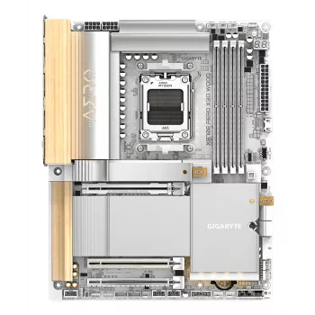 GIGABYTE X870E AERO X3D WOOD emaplaat – toetab AMD Ryzen 9000 protsessoreid, 16+2+2 faasiline digitaalne VRM, kuni 9000 Hz DDR5 (OC), 2xPCIe 5.0 + 2xPCIe 4.0, Wi-Fi 7, 5GbE LAN, USB 4