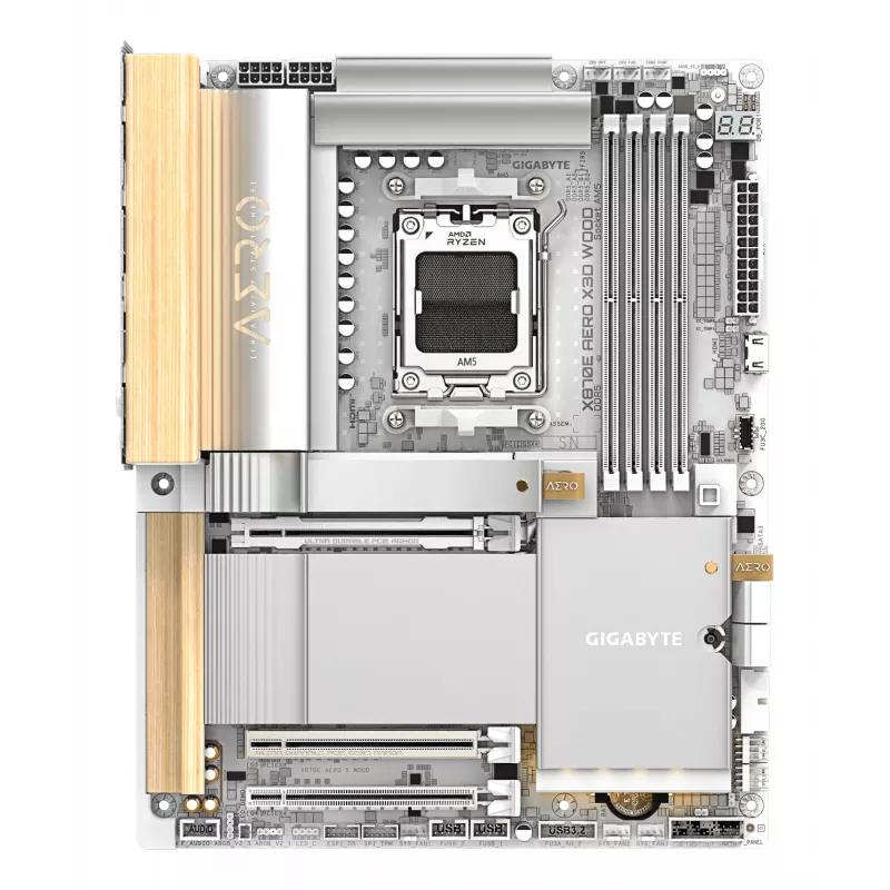 GIGABYTE X870E AERO X3D WOOD emaplaat – toetab AMD Ryzen 9000 protsessoreid, 16+2+2 faasiline digitaalne VRM, kuni 9000 Hz DDR5 (OC), 2xPCIe 5.0 + 2xPCIe 4.0, Wi-Fi 7, 5GbE LAN, USB 4