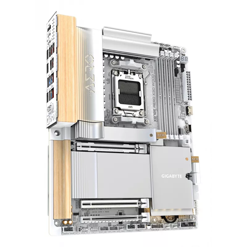 GIGABYTE X870E AERO X3D WOOD emaplaat – toetab AMD Ryzen 9000 protsessoreid, 16+2+2 faasiline digitaalne VRM, kuni 9000 Hz DDR5 (OC), 2xPCIe 5.0 + 2xPCIe 4.0, Wi-Fi 7, 5GbE LAN, USB 4
