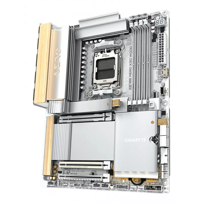 GIGABYTE X870E AERO X3D WOOD emaplaat – toetab AMD Ryzen 9000 protsessoreid, 16+2+2 faasiline digitaalne VRM, kuni 9000 Hz DDR5 (OC), 2xPCIe 5.0 + 2xPCIe 4.0, Wi-Fi 7, 5GbE LAN, USB 4