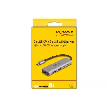 DeLOCK USB-jaotur 5 Gbps 2 porti USB USB-C ja 2 porti Type-A Hall metallist